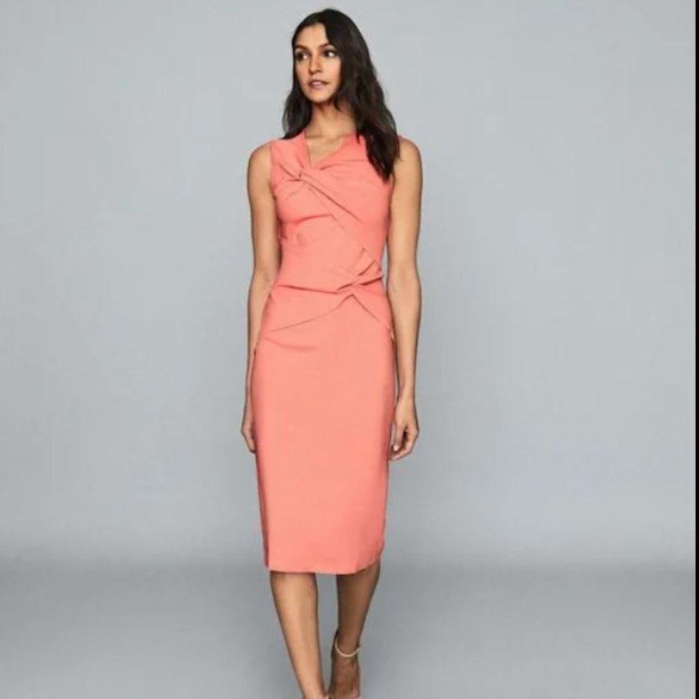 NWT REISS Coral Pink Alex Gathered Sheath Dress Size 10